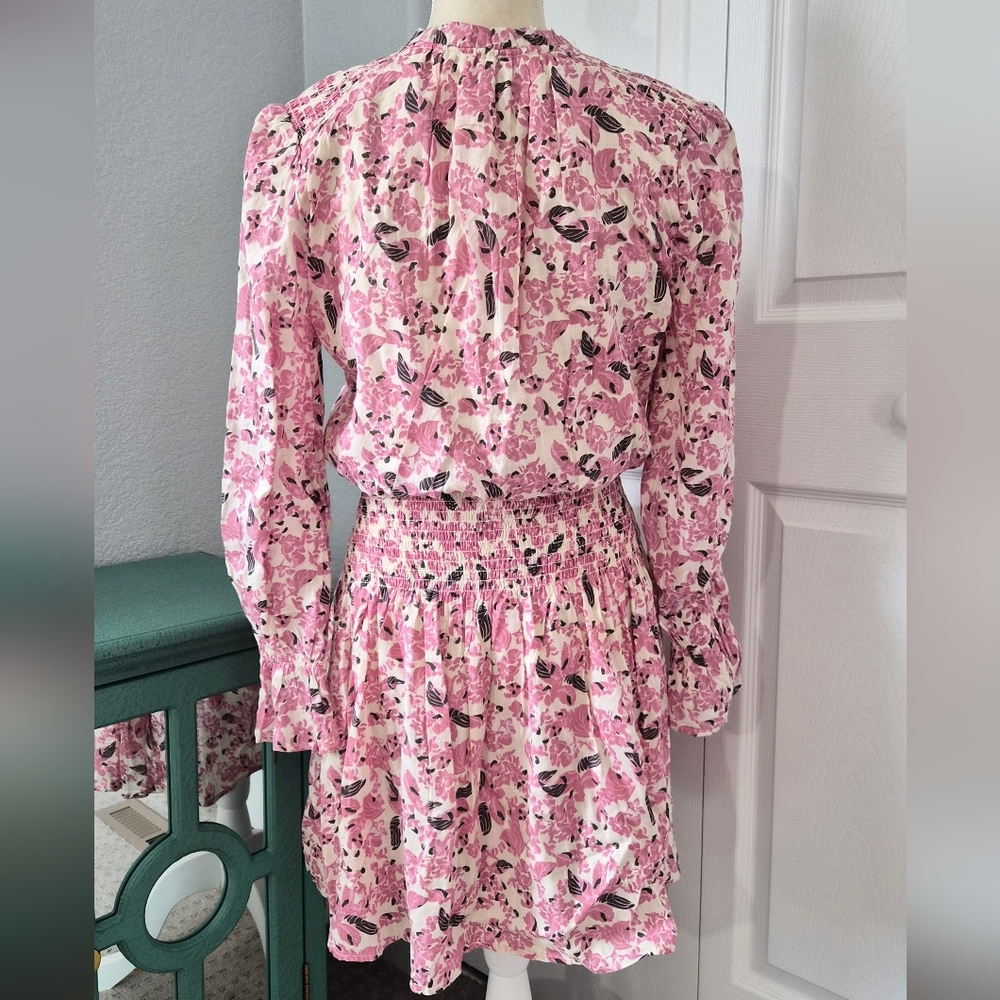 Evereve Roan + Ryan Pink Floral Smocked Mini Dress Long Sleeve Tie Neck Size S - Picture 7 of 9